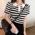 Short-sleeve Striped Cropped Polo Shirt / High-waist Wide-leg Pants
