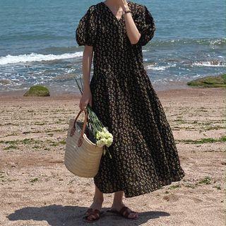 Flower Print Puff-sleeve Maxi Shift Dress
