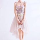 Tie-shoulder Floral Applique High-low Cocktail Dress