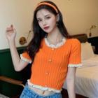 Short-sleeve Lace Trim Button-up Crop Knit Top