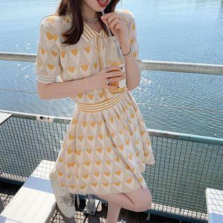Set: Short-sleeve Heart Jacquard Top + Mini A-line Skirt