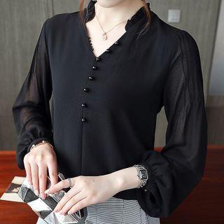 Long-sleeve Sheath V-neck Chiffon Top