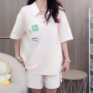 Set: Elbow-sleeve Floral Accent Polo Shirt + Sweatshorts