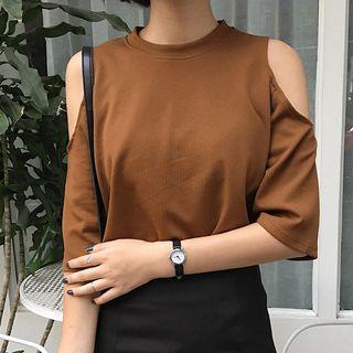 Plain Cut Out Shoulder Elbow Sleeve Knit T-shirt