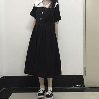 Short-sleeve Midi A-line Shirtdress Black - One Size