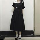 Short-sleeve Midi A-line Shirtdress Black - One Size
