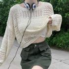 Long-sleeve Cut Out Knit Top / High-waist Double Pocket Plain Skirt