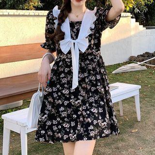Puff-sleeve Ribbon Floral Mini A-line Dress