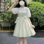 Puff-sleeve Mock Two-piece Floral Panel Mini A-line Dress