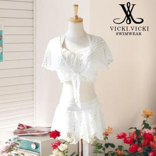 Set: Lace Bikini Set + Tie-hem Cover-up + Skirt White - L