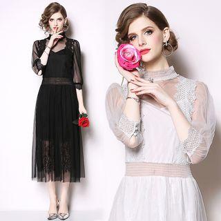 3/4-sleeve A-line Mesh Dress