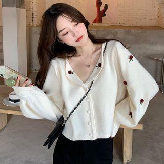 Collared Flower Embroidered Cardigan