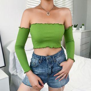 Ruffle Trim Off-shoulder Cropped Knit Top