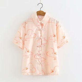Short-sleeve Frog Buttoned Cartoon Print Shirt Pink - One Size