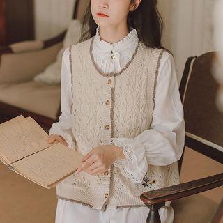 Floral Embroidered Button-up Sweater Vest Almond - One Size