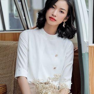 Elbow-sleeve Mock Neck Blouse / Dress Pants / Mini Pencil Skirt