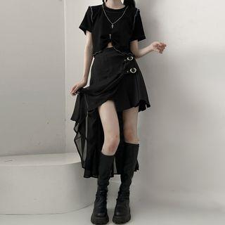 Set : Line Asymmetrical Short-sleeve Top + Circle Breasted Semi Skirt