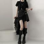 Set : Line Asymmetrical Short-sleeve Top + Circle Breasted Semi Skirt