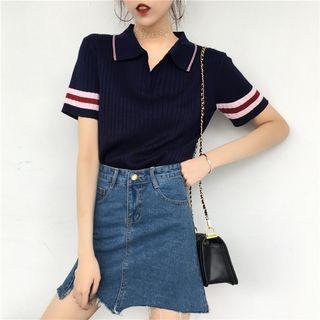 Short-sleeve Knit Polo Shirt As Shown In Figure - One Size