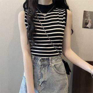 Semi High-neck Striped Knit Tank Top