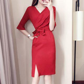 Tie Waist Elbow-sleeve Sheath Dress