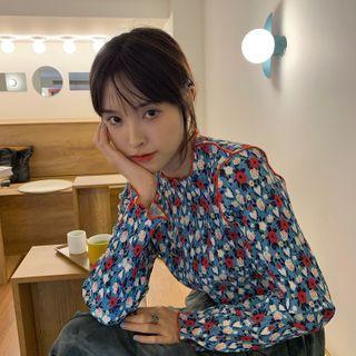 Floral Print Long-sleeve Top Blue - One Size