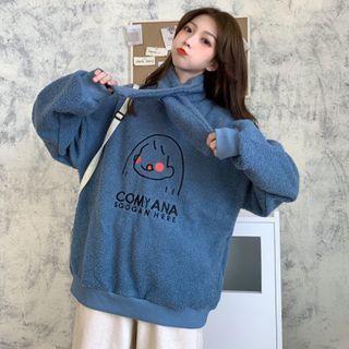 Set: Cartoon Embroidered Fleece Sweatshirt + Scarf