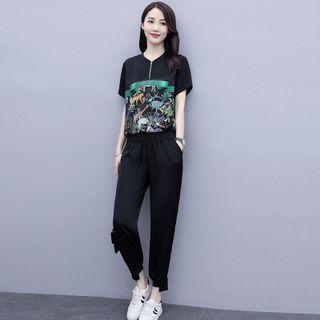 Set: Short-sleeve Floral Print Half-zip T-shirt + Sweatpants
