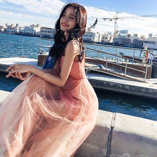 Lettering Strap A-line Midi Sheer Dress