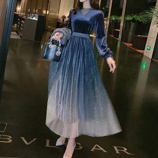 Long-sleeve Gradient Mesh Paneled Velvet A-line Maxi Dress