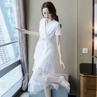 Mesh Panel Short-sleeve Midi A-line Tiered Dress