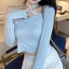 Long-sleeve Off-shoulder Lace Trim Crop Top / Mini A-line Skirt
