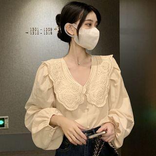 Long-sleeve Peter Pan-collar Shirt Almond - One Size