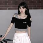 Mock Two-piece Cold-shoulder Lettering Crop T-shirt