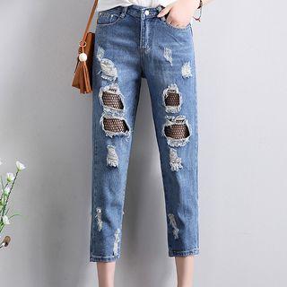 Fishnet Insert Distressed Cropped Jeans