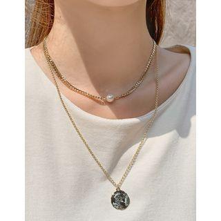 Round-pendant Faux-pearl Layered Necklace Gold - One Size