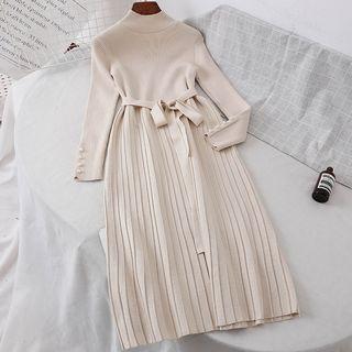 Mock Neck A-line Knit Dress With Sash