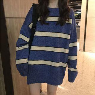 Striped Long-sleeve Long Sweater Blue - One Size