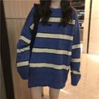 Striped Long-sleeve Long Sweater Blue - One Size