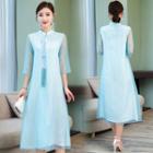 Traditional Chinese 3/4-sleeve Mesh Overlay A-line Midi Dress