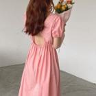 Puff-sleeve Round Neck Strappy Open Back A-line Dress Pink - One Size