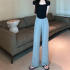 Short-sleeve Square-neck Plain T-shirt / High-waist Plain Wide-leg Pants