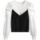 Mock Two-piece Long-sleeve Knit Top Black & White - One Size