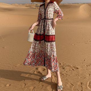 3/4-sleeve Patterned Buttoned Midi Dress