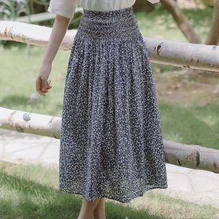 Floral Print Midi A-line Skirt / Elbow-sleeve Collared Blouse