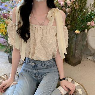 Lace-up Cold-shoulder Patterned Top Almond - One Size