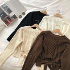 Plain V-neck Cable-knit Lace-up Long-sleeve Sweater