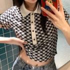 Short-sleeve Polo Collar Plaid Cropped Top Black & White - One Size