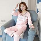 Set: V-neck Contrast Trim Long-sleeve T-shirt + Pants