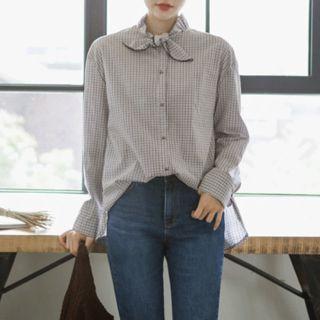 Frill-collar Tie-neck Check Blouse